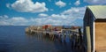 Traditional fishermen wooden jetties. Stilt piers or Cais Palafitico by the Sado River estuary