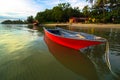 Traditional fishing boats with coastal fishing village. Beautiful scenery morning sunrise over sea in Labuan,Malaysia.