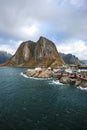 Traditional Fishing Hut Village in Hamnoy Mountain Peak in Lofoten Islands, Norway.  Travel Royalty Free Stock Photo