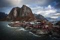 Traditional Fishing Hut Village in Hamnoy Mountain Peak in Lofoten Islands, Norway.  Travel Royalty Free Stock Photo