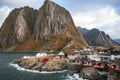 Traditional Fishing Hut Village in Hamnoy Mountain Peak in Lofoten Islands, Norway.  Travel Royalty Free Stock Photo