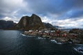 Traditional Fishing Hut Village in Hamnoy Mountain Peak in Lofoten Islands, Norway.  Travel Royalty Free Stock Photo