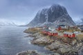 Traditional Fishing Hut Village in Hamnoy Mountain Peak in Lofoten Islands Royalty Free Stock Photo