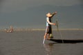 Traditional fishing by net in Inle lake,Myanmar. Royalty Free Stock Photo