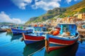 A traditional fishing village with colorful boats lined up along the shore