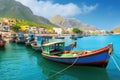 A traditional fishing village with colorful boats lined up along the shore