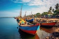 A traditional fishing village with colorful boats lined up along the shore