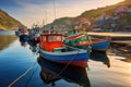 A traditional fishing village with colorful boats lined up along the shore