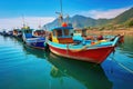 A traditional fishing village with colorful boats lined up along the shore