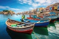 A traditional fishing village with colorful boats lined up along the shore