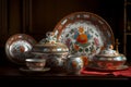 Traditional floral Russian porcelain dishes. Generate ai