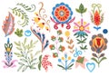 Traditional Folk set botanical colorful illustration branch leaf and flowers abstract Scandinavian style element