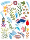 Traditional Folk set botanical colorful illustration branch leaf and flowers abstract Scandinavian style element on white