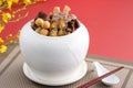 Traditional food of Chinese lunar new year, Buddha jumps over the wall, Chinese Soup Casserole dish, named Fo Tiao Qiang