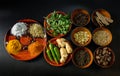 Traditional Food Ingredients Spices in Wooden Bowls Royalty Free Stock Photo