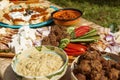 Traditional food platters made by villagers for a local brunch in the rural Romania Royalty Free Stock Photo