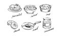 Traditional food set, pancakes, salad, soup, donuts, meat, cornichons hand drawn vector Illustration on a white Royalty Free Stock Photo