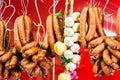 Traditional food. Smoked sausages meat hanging in european food