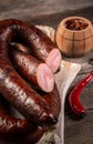 Traditional food. Smoked sausages meat natural product from organic farm Royalty Free Stock Photo