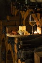 Traditional food in a wine cellar with archival wine, Znojmo region, Southern Moravia, Czech Republic