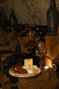 Traditional food in a wine cellar with archival wine, Znojmo region, Southern Moravia, Czech Republic