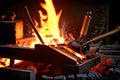 Traditional forge with bellows, iron tools, and coal fire Royalty Free Stock Photo