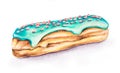 Traditional French bakery dessert: cute yummy sweet hand-drawn eclair cake isolated on white background. Good for cafe