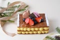 Traditional French dessert millefeuille with vanilla cream and berries on Bright Background
