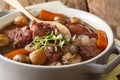 Traditional French food: Coq au vin with wine and vegetable