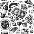 Traditional french food seamless pattern. With hand drawn wine, meat dishes, desserts, and snacks sketches. French food restaurant