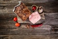 Traditional French Pate en croute with goose meat and liver as closeup on a wooden board. banner menu recipe place for text Royalty Free Stock Photo