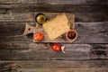 Traditional French Pate en croute with goose meat and liver as closeup on a wooden board. banner menu recipe place for text Royalty Free Stock Photo