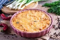 Traditional french quiche pie with chicken and mushroom on wooden table. Horizontal Royalty Free Stock Photo