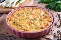 Traditional french quiche pie with chicken and mushroom on wooden table Royalty Free Stock Photo