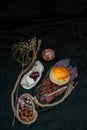 Scones on the wooden tray served with Homemade raspberry jam and Mascarpone cheese on Shell