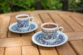 Traditional fresh turkish coffee on wooden table Royalty Free Stock Photo