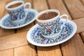 Traditional fresh turkish coffee on wooden table Royalty Free Stock Photo