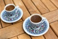 Traditional fresh turkish coffee on wooden table Royalty Free Stock Photo