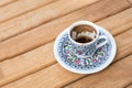 Traditional fresh turkish coffee on wooden table Royalty Free Stock Photo