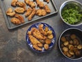 Traditional Fried Chicken Strips Plate with Potatoes and fresh Green Salad with BBQ Sauce Royalty Free Stock Photo