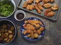 Traditional Fried Chicken Strips Plate with Potatoes and fresh Green Salad with BBQ Sauce Royalty Free Stock Photo