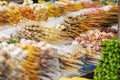 Traditional fried chinese food on sticks at night street vendor market Royalty Free Stock Photo