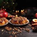 Traditional fruit dessert for Christmas, baked apples filled with nuts on a plate.