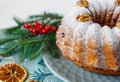 Traditional fruitcake for Christmas decorated with powdered sugar and nuts, raisins. Delicioius Homemade Pastry. New year