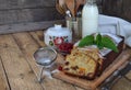 Traditional fruitcake with raisins, dried apricots, cherry for Christmas on wooden background. Sliced freshly baked cake and milk. Royalty Free Stock Photo