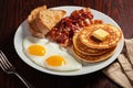 Traditional full american breakfast eggs pancakes with bacon and toast Royalty Free Stock Photo