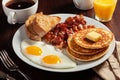 Traditional full american breakfast eggs pancakes with bacon and toast Royalty Free Stock Photo