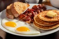 Traditional full american breakfast eggs pancakes with bacon and toast Royalty Free Stock Photo