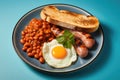Traditional full English breakfast with fried eggs, sausages, beans, grilled tomatoes and bacon. AI Generated Royalty Free Stock Photo
