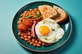 Traditional full English breakfast with fried eggs, sausages, beans, grilled tomatoes and bacon. AI Generated Royalty Free Stock Photo